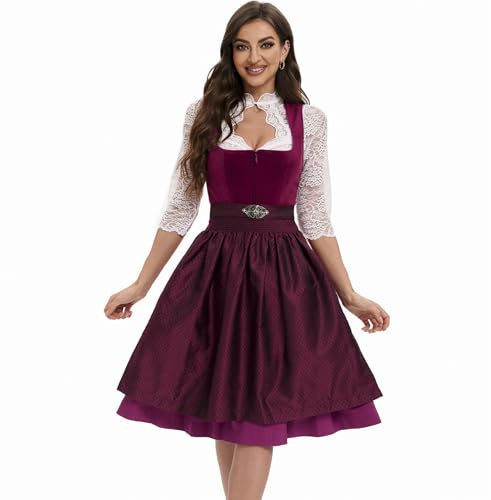 Goxozzy Dirndl Damen Midi Samt Trachtenrock mit Dirndlschürze für Oktoberfest Größen 34-44 Rocklänge 60cm Grün Rot Blau
