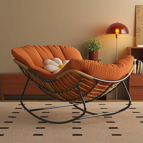 Lounge-Sofa-Sessel, gepolstertes Kissen, Schaukelstuhl, Liegestuhl für Veranda, Wohnzimmer, Wintergarten, Terrasse, Hinterhof, übergroßer Schaukelstuhl in Rattan-Ei-Form, moderner Stuhl (Farbe: Orang