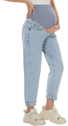 AVOG Jeans premaman boyfriend a vita alta elasticizzati denim pantaloni gravidanza con 4 tasche, Azzurro chiaro, L
