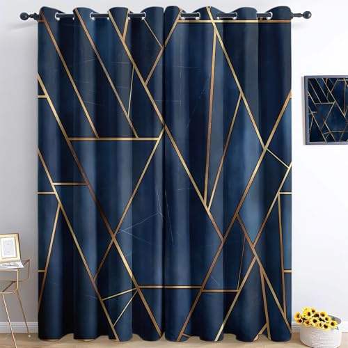 Srigzcaly Dunkelblau Gold Geometrie Verdunkelungsvorhang Blau, 2er Set Blickdichte Gardinen mit Ösen H214 x B91.5 cm, Waschbarer Polyester Vorhang für Wohnzimmer Kinderzimmer Küche