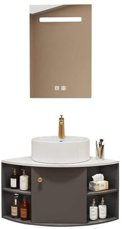 Lavandino da Bagno Ad Angolo, con Lavabo in Ceramica e Mobiletto a Specchio, Lavello a Vasca Singola Lavabo di Utilità, Lavabo da Parete Ad Angolo, Mobile Bagno Sospeso(Grey)