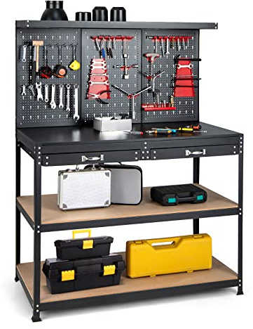 GOPLUS Établi Outil avec Panneau Perforé, Table de Travail avec 2 Tiroirs, 3 Etagères, Crochets pour 25 Accessoires Suspendus, Etabli en Métal avec pour Garage, Atelier, Charge 435kg