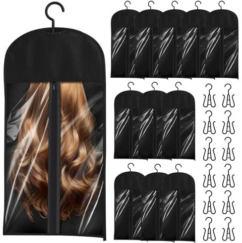 KTCINA 12 bolsas de almacenamiento para extensiones de cabello con gancho, bolsa de viaje impermeable para pelucas, a prueba de polvo, almacenamiento de extensiones de cabello, bolsas de