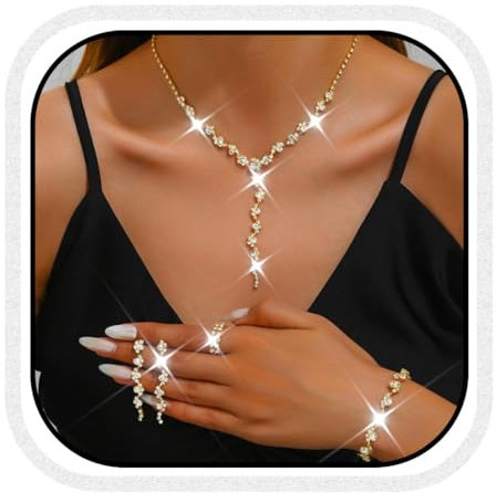 Unicra Gold Hochzeit Schmucksets Strass Braut Halskette und Ohrringe Armband Set Formal Prom Modeschmuck Set für Frauen und Bräute (Gold, One Size)