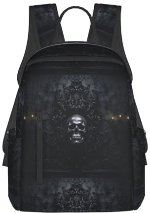 Leichter Rucksack mit Gothic-Tapete, Totenkopf-Druck, leichter Reiserucksack für Arbeit, Einkaufen, Reisen, Schwarz, Einheitsgröße, Schwarz, Einheitsgröße