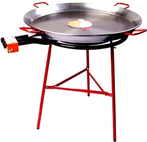 Spanish Paella Cooking Set: 70cm Gas Burner+ 90cm Polished Paella Pan for 50 portions + Reinforced Tripod
