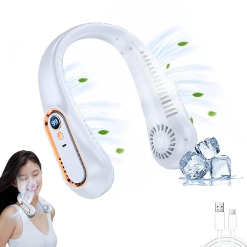 New Hanging Neck Air Cooler, Neckbreeze Neck Fan, Neck Breeze Neck Fan, 5 Speeds USB Rechargeable Neckbreeze Portable Fan, Wearable LED Screen Bladeless Fan Low Noise for Home Office Travel(White)