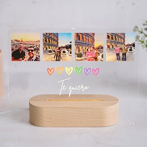Cristal Plaque Lámpara Corazones y 4 fotos arriba LGTBI – Metacrilato Premium y Base de Madera – Regalo Original para Cumpleaños, Bodas y Aniversarios