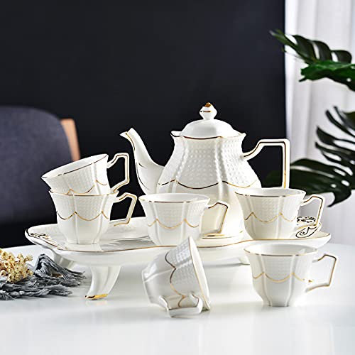 HCZKIUJY 8-teiliges Teeservice aus weißem britischem Porzellan, Keramik-Teeservice für Erwachsene, 1 Teekanne, 6er-Set Kaffeetassen mit Tablett