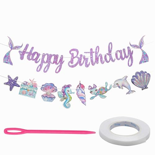 TMZELOA Meerjungfrau Geburtstag Deko Girlande – 2er Set Happy Birthday Wimpel und Hängende Deko – Party Dekorationen für Unterwasserwelt geburtstag