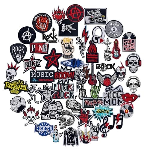 56 Stück Punk Rock Musik Patches zum Aufbügeln Bestickte Aufnäher Bügelbilder Iron on/Sew on Patches für Aufnähen oder Aufbügeln auf Kleidung Rucksäcke Jacken T-Shirt Kleid Hut Jeans