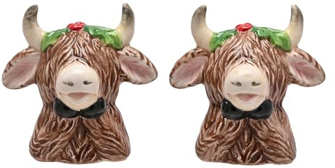 Widdop Highland Cow Christmas Salt and Pepper Shakers – Festive Ceramic Design with Holly Detail – Seasonal Kitchen Tableware and Dining Accessory