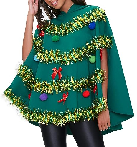 Feclmiyt Weihnachtsbaum-Umhang, Kostüm für Damen und Erwachsene, Schleife, bunte Kugel-Dekoration, Kapuzenumhang, Umhang, Weihnachten, Cosplay, Party-Kostüm