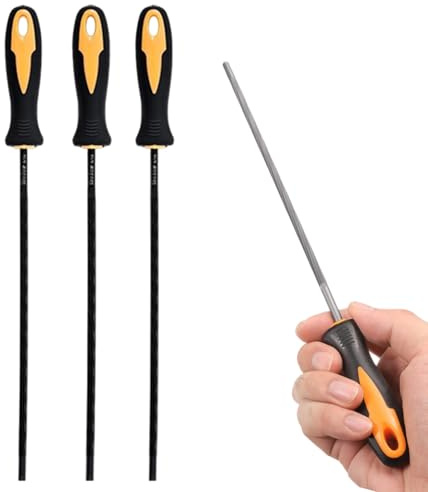 Lima de motosierra, 3 limas de afilado de acero de 3, 2 mm (1/8 de pulgada), afilador de cadena de motosierra redondo con mango de plástico para afilar y rectificar cadenas