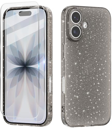 Tikgue Hülle für iPhone 17 mit 2 Stück Schutzfolie，Handyhülle Glitzer Transparent Silikon Stoßfeste Schutzhülle Slim Weich TPU Case Kompatibel mit iPhone 17 - Schwarz