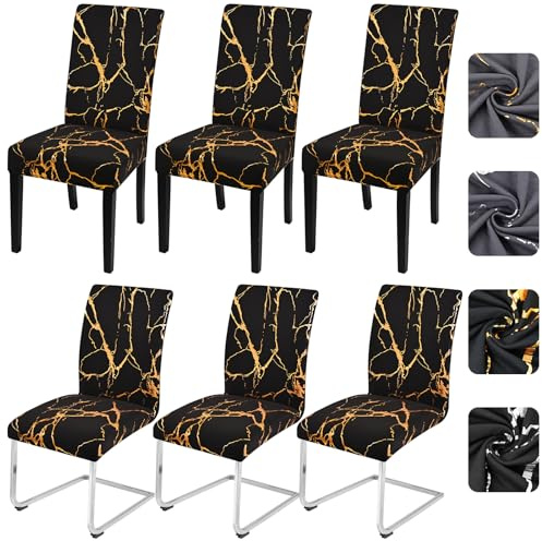 Alishomtll Dining Chair Covers Set of 6 Marble Pattern Stretch Black Gold | Elastic Chair Slipcovers for Dining Chairs, Removable Washable Dining Room Chair Protector for Kitchen Hotel Banquet
