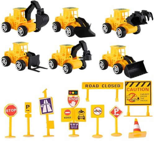 JHAZUN 15 Piezas Mini Excavadora Juguete Y Señales De Tráfico Para Decoración De Tartas, Excavadora Topper Cumpleaños, Para Cumpleaños De Niños Y Niñas