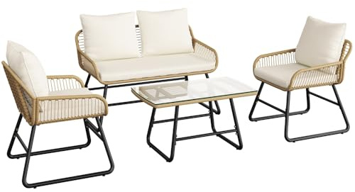 Yaheetech Conjunto de Conversación de Ratán para Patio de 4 Piezas | Conjunto de Muebles de Jardín para Balcón Jardín Terraza Beige/Crema