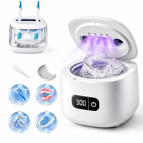 Ultrasonic Retainer Cleaner 49kHz IPX5– 4 UV Lights, 220ML, 4 Modes(White) | LED Timer Aligner Cleaner for Dentures, Mouth Guards, Night Guards, Toothbrush Heads & Jewellery, Quiet Travel Cleaner
