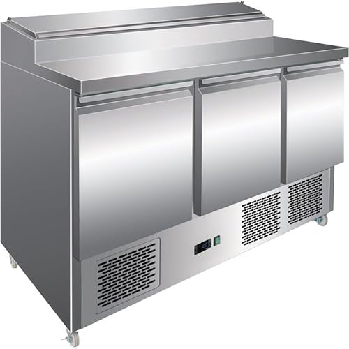 Stalwart Commercial Refrigerated Salad Prep Table 3 Doors, Stainless Steel Pizza Prep Station with 8 x GN 1/6 Topper, 1365mm Countertop Fridge