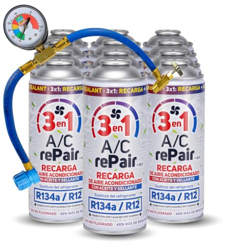 AC REPAIR 3 en 1 Kit Recarga Aire Acondicionado Coche con Aceite y Sellante Detector Tapa Fugas 220g Sustituto Gas Refrigerante R134a R12 Manómetro LP Recambio Sellador para Coches 1992-2016 Pack 12