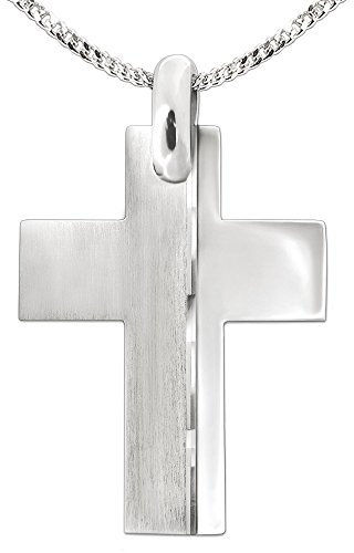 CLEVER SCHMUCK Set Silberner Anhänger großes Männer Kreuz 34 mm breite Balken teilmatt mit Zier-Linie diamantiert glänzend & Kette Panzer 50 cm Sterling Silber 925 Herrenkreuzkette im Etui
