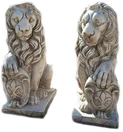 Mondo Artistica Coppia di leoni statue con stemma araldico fregio scudo da giardino in cemento marmo pietra altezza 40 grigio