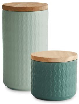 SPRINGLANE - Juego de 2 tarros de cerámica con Tapa de Madera, Tapa de Madera de Caucho, latas de Almacenamiento, recipientes de conservación - Verde Claro, Verde Oscuro