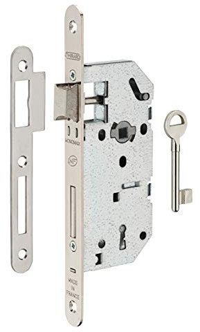 THIRARD - Serrure Encastrable Monomax NF à Clé pour Porte de Chambre - Axe 40 mm - Bouts Ronds - Têtière Nickelée - 1 Clé - Mécanisme à 2 Tours - Carré 7 mm - Entr’axe 70 mm - Gris