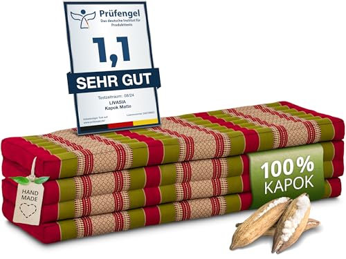 livasia Nachhaltige Klappmatratze Kapok XXL - 200x140x8cm - extrabreite Gästematratze, Faltbare Matratze doppel, ökologische Yogamatte, Gästebett klappbar, Liege Garten Balkon (Rot/Grün)
