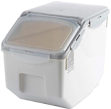 Beruyu Household Kitchen Rice Storage Box, Snack Storage Box, Dog Food and Cat Food Storage, Sealed and Moisture-proof, with Measuring Cup, 10KG/15KG (Grey,10KG)