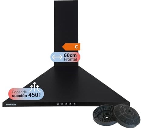UNIVERSALBLUE Campana Extractora 60 cm Piramidal Negra | Extractor de Humo y Aire Eléctrico para Cocina | 3 Velocidades | Sin Salida de Humos | Potente Succión 450 m³/h | Filtros Incluidos