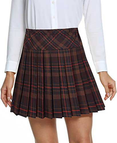 Damen Schule Stil Elastische High Taille Faltenrock A-Linie Kariert Tennis Mini Röcke mit Kurze Hosen(L, 21)