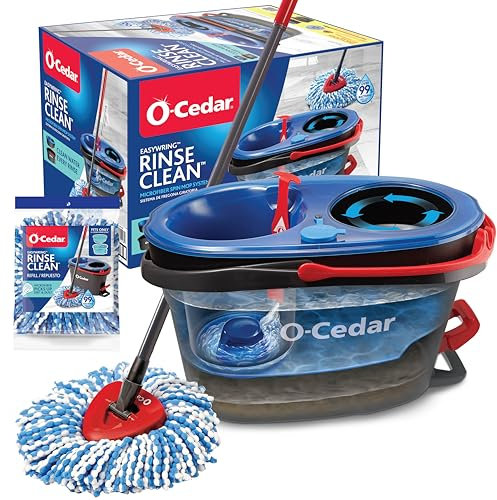 O-Cedar RinseClean - Sistema de Cubo Giratorio + 1 Cabezal de fregona Adicional, Limpia con Agua Limpia, Elimina el 99% de Las bacterias