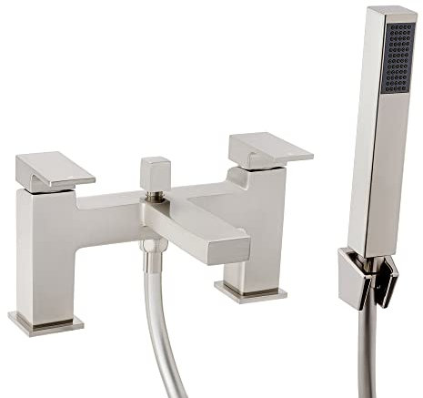 ENKI, Athena, BT0208, Brushed Nickel, Square Bath Shower Mixer Taps, Solid Brass, Easy Clean, Modern Design