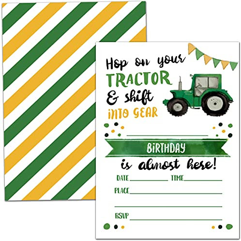 Geburtstagsparty-Einladungskarten, Traktor-Party-Feier, Hop On Your Traktor And Shift Into Gear, Partyzubehör, Gastgeschenke, 20 Karten mit 20 Umschlägen - (tractor01)