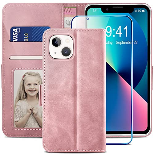 YATWIN Cover Compatibile con iPhone 13 + Vetro Temperato, Flip Portafoglio in Pelle Custodia iPhone 13, Interno TPU Antiurto, Carta Fessura, Supporto Stand, Magnetica Cover per iPhone 13 - Rosa