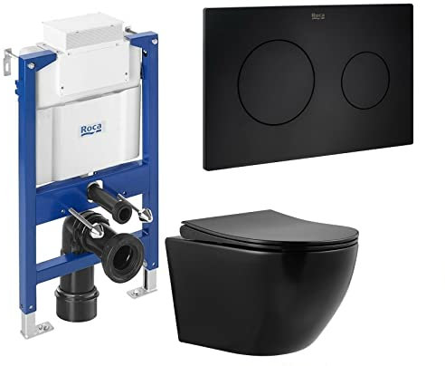 Anas Roca 0.82m Concealed Cistern Wc Frame with Black Rimless Wall Hung Toilet Pan