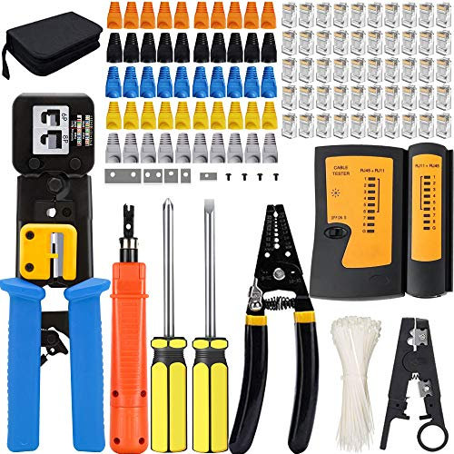 MAYLINEE CAT5 RJ45 Juego de Herramientas de Crimpado para RJ11/RJ12, Cortador Crimpadora de red Cat5e/Cat6, Alicate Network Tool LAN Pelacables Pelacables 50 Conectores 50 Cubiertas (Azul)