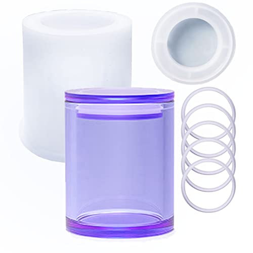 Sealed Storage Box Silicone Resin Mold with 1 lid and 5 Rings Vase Pen Holder Bottle Jar Cylinder Shaped Epoxy Casting Molds for Candy Jewelry Ornaments Trinket Container Cup, 3D DIY Making Crafts