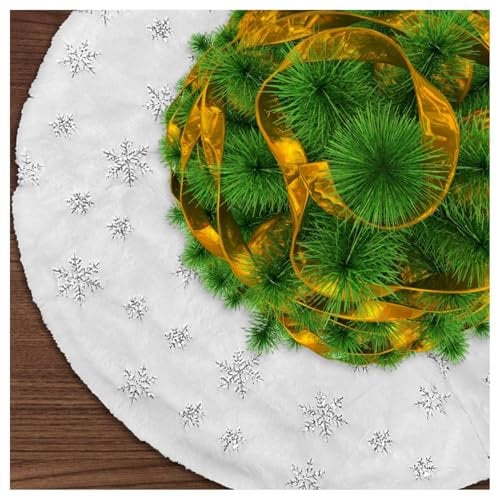 Jsdoin Jupe de Sapin de Noël 90cm, Peluche Blanche à Double Couche Couverture avec Flocon de Neige Argenté, pour Décoration de Noël