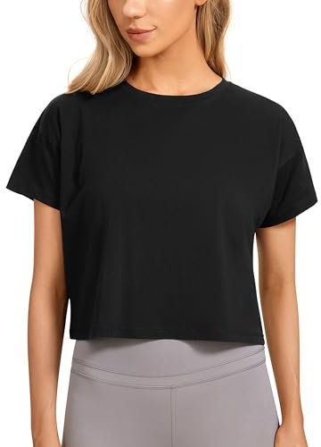 CRZ YOGA Damen Kurzarm Sport Tshirt Loose Baumwolle Fitness Crop Top Sommer Gym Workout Cropped Oberteile Schwarz 38