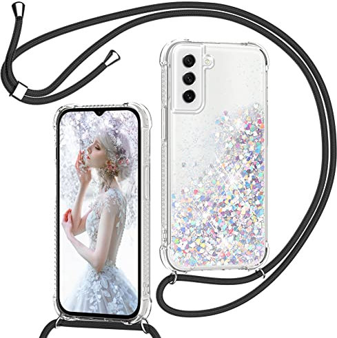 TUUTPU Handyband für Samsung Galaxy S23 5G Hülle mit Band, Glitzer Treibsand Handyhülle mit Kordel zum Umhängen Transparent Stoßfest Schutzhülle mit Kette Schnur, Quicksand Necklace Case in Schwarz