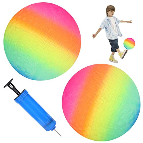 2 Stück Bouncy Kickball, PVC Regenbogen Ball, Kinder Spielball, Wasserball Fußball Strandball, Mehrfarbig Spielplatzbälle Durable Softball mit Pumpe, Kinder Spielbälle für Drinnen und Draußen