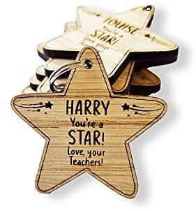 End of Year Term School Leaver Class Personalised Wooden Star Keyring Gifts from Teacher to Pupil