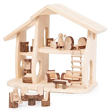 Guidecraft Woodlands Natural Wooden Multi-Floor Dollhouse Set with Furniture - Kids Educational Toy Play House