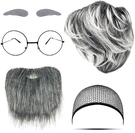 MIVAIUN 4 Stück Opa Kleidungszubehör Alter Opa Kostüm Set Opa Perücken Set Perücke für Männer Künstlicher Bart Perückenkappe Brille Opa Maskerade Kleid für Halloween Cosplay Mottoparty (Opa Set B)