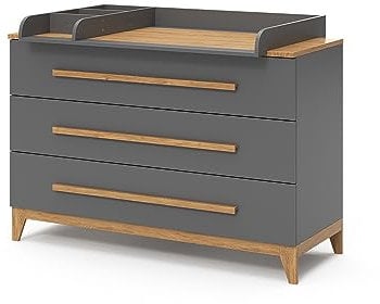 VitaliSpa Wickelkommode Malia, Grau/Eiche, 133 x 98 cm XL mit 3 Schubladen