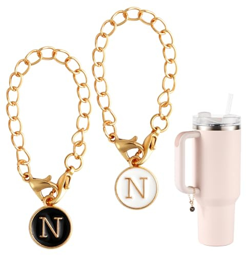 NQEUEPN 2pcs Initial Pendant Accessories for Stanley Cup, Personalized Name ID Alphabet Handle Chain for Stanley Tumbler (Letter N), Gold, White, Black