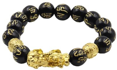 CENPEK Schwarzes Obsidian-Armband, chinesisches Feng-Shui-Perlen-Armband, goldenes Pixiu-Amulett-Armband, handgeschnitztes Amulett für viel Glück